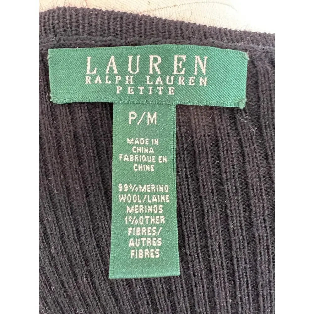 Lauren Ralph Lauren Black Merino Wool Ribbed 3/4 Sleeve Sweater Dress Sz PM NEW